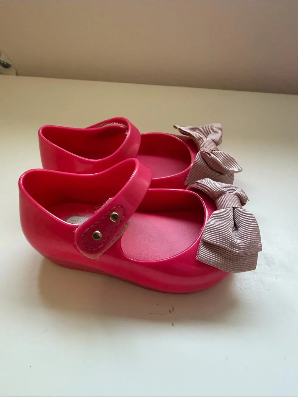 Mini Melissa Hot Pink Mary Jane Sandals with Beige Bows